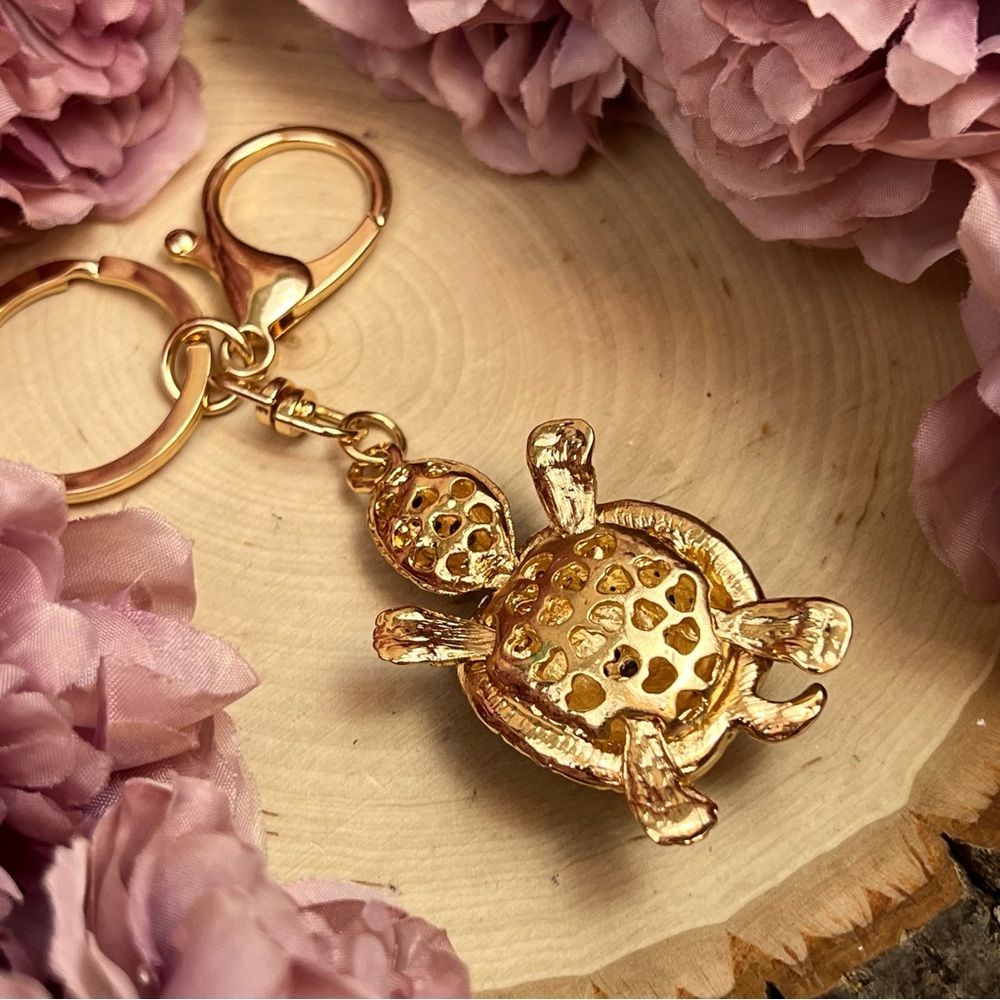 Green and Silver Crystal Turtle Keychain Charm - Picture 14 of 16